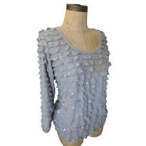 Slinky Brand Size XS Gray Ruffle Sequin STRETCH 3/4 Sleeve Top Blouse